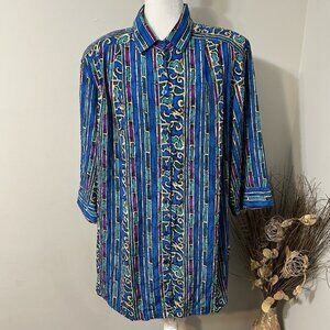 VTG 90s MC Woman Button Up Blouse Top Blue Striped Paisley 3/4 Sleeve Sz 3X USA